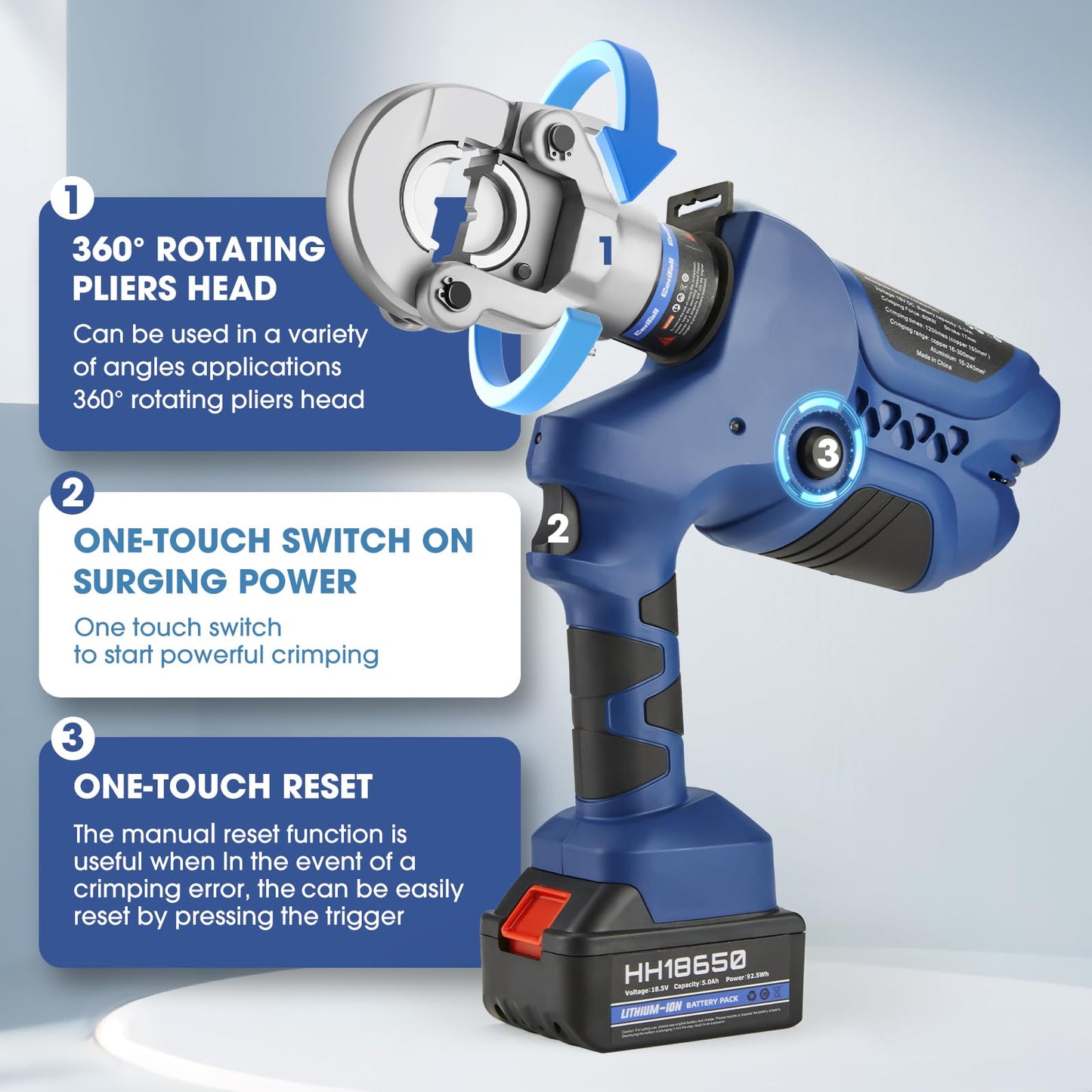 CENTALL Electric Hydraulic Crimping Tool, 8AWG-600MCM Rechargeable Hydraulic Crimper for Cu/Al Terminal, Continuously Crimp Wire Cable Lug Crimping Tool Kit with 12 Dies 2Pcs Lithium Battery XT-300