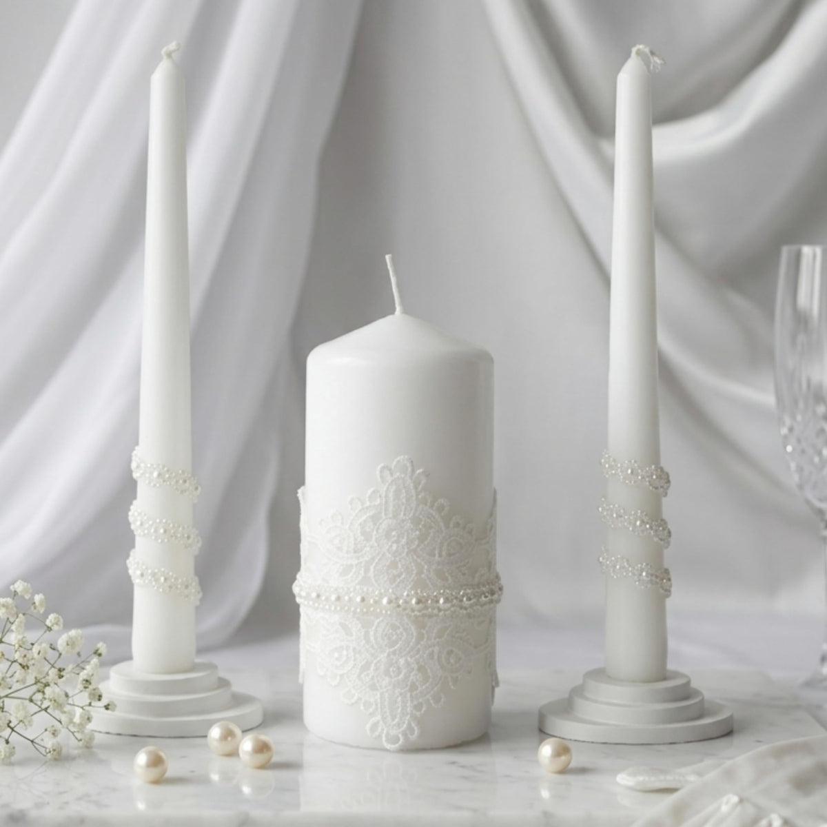 Magik Life Unity Candle Set - Wedding Ceremony & Reception – 6” Pillar & Two 10” Taper Candles – Long Burning Unity Candles for Marriage Ritual – Handmade in USA – White | Lace