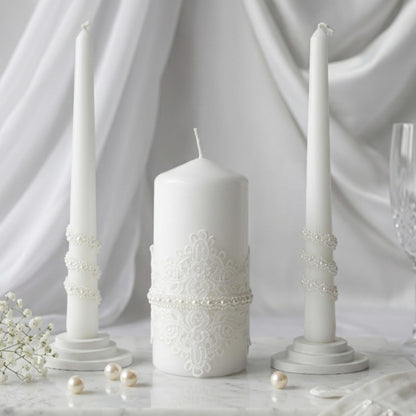 Magik Life Unity Candle Set - Wedding Ceremony & Reception – 6” Pillar & Two 10” Taper Candles – Long Burning Unity Candles for Marriage Ritual – Handmade in USA – White | Lace