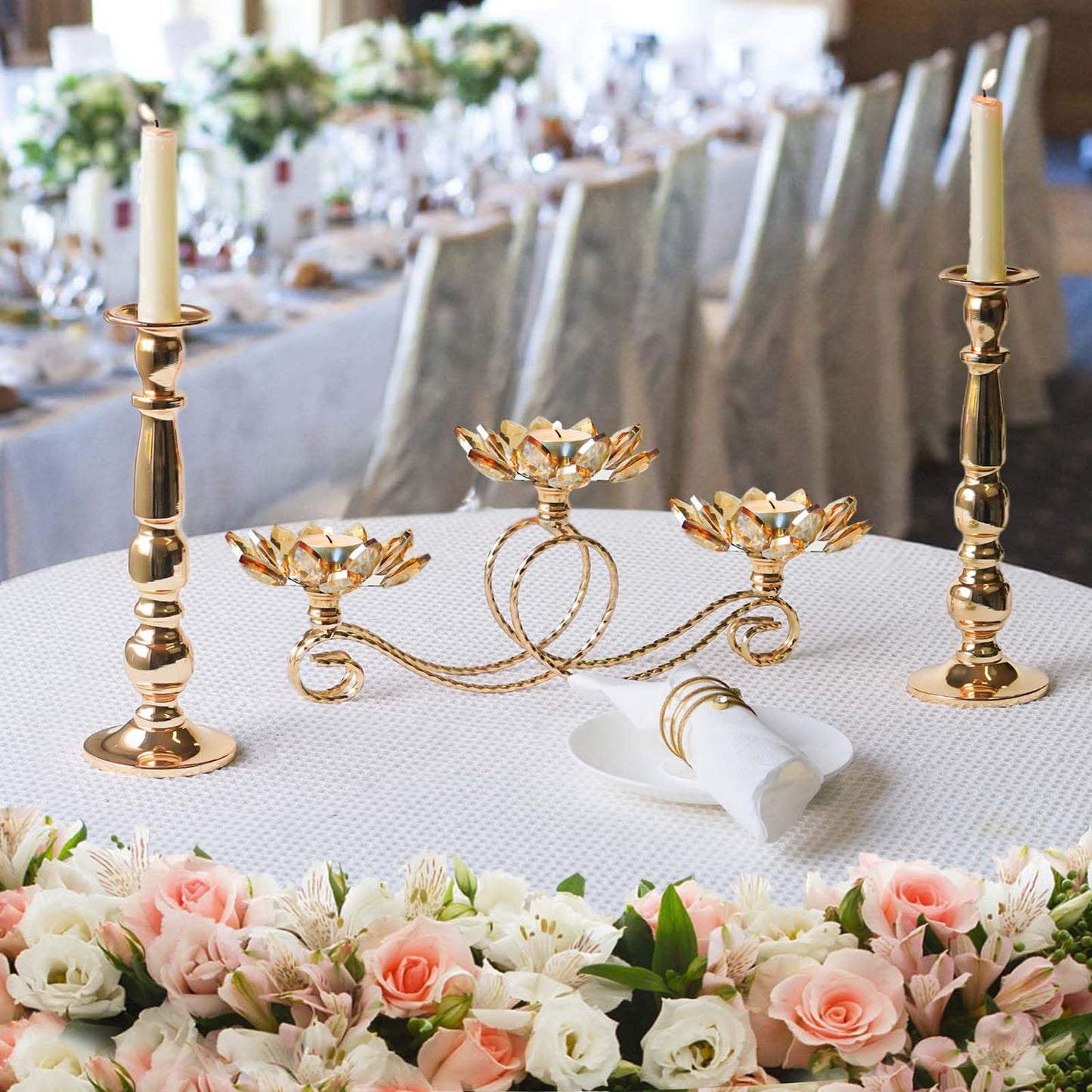 2Pcs Gold Kehail Crystal Metal Tea Light Candle Holder Set, 3-Arm Flower Shaped Crystal Votive Candlestick Holders for Table Centerpiece, Wedding Shower, Party and Home Decor