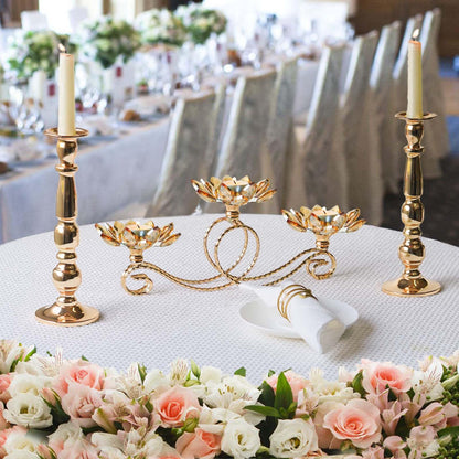 2Pcs Gold Kehail Crystal Metal Tea Light Candle Holder Set, 3-Arm Flower Shaped Crystal Votive Candlestick Holders for Table Centerpiece, Wedding Shower, Party and Home Decor