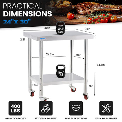 KUARBARR Stainless Steel Table for Prep & Work with 4 Caster Wheels with Adjustable Undershelf 24 x 30 NSF Metal Commercial Kitchen Worktable for Restaurant Home Outdoor