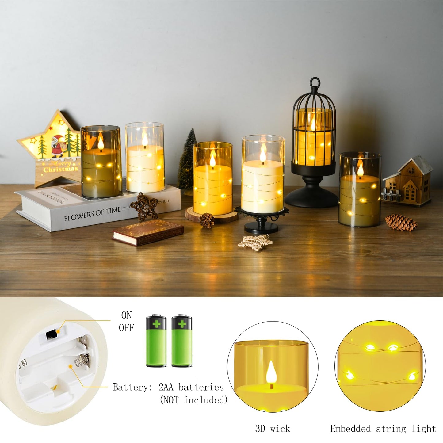 Guluto Flameless LED Candles, Non-breakable Battery Operated Candles with Embedded Star String, D 3"×H 5", Set of 2, Flickering Pillar Candle with Remote and Timer for Birthday Home Decoration (Gold)