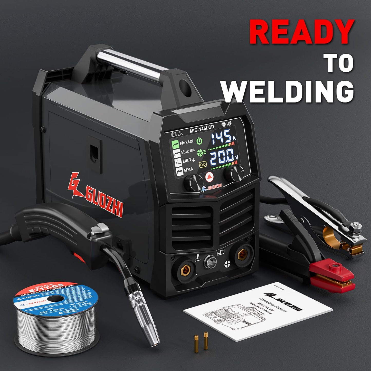 GZ GUOZHI 145A MIG Welder, 3 in 1 Welders FLUX MIG/Lift TIG/ARC Multi-Process Welder, 110V Welding Machine, ‌Flux Core Welder with upgrade Large LCD Screen