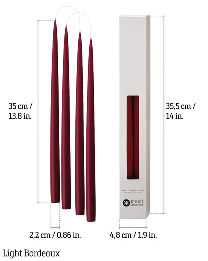 Kunstindustrien® Taper Candles, Set of 4, 13.8" – Made in Denmark, Long Burning Candles 15h, Unscented & Smokeless Candlesticks, Elegant Tall Candles for Weddings Dinners & Home Decor (Light Bordeaux)