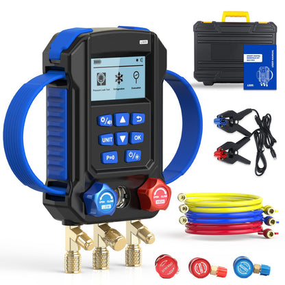 R454B R134A Digital Manifold HVAC Gauge Set,95 Refrigerants Dual Pressure&Temp Test with Temperature Clips and Hoses Vacuum AC Gauges for R1234YF R134A R404A R410A R32