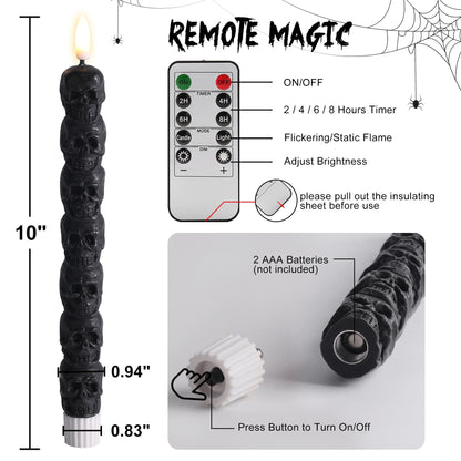 Eywamage Halloween Flameless Taper Candles with Remote, Spooky Black Skull LED Candlesticks Battery Operated Flickering Real Wax Set of 4