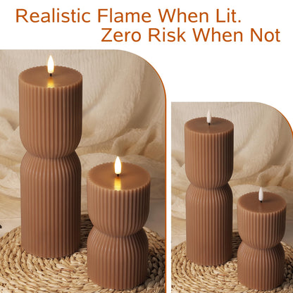 Girimax Warm Brown Ribbed Flameless Pillar Candles with Remote, Real Wax Flickering Battery LED Candles Christmas Decor Gift Set of 2