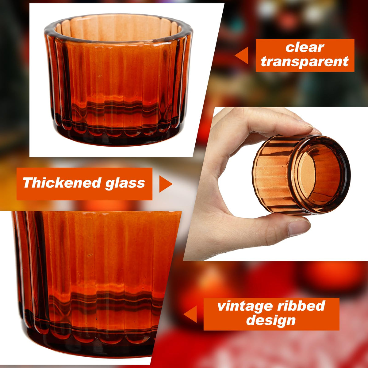Mumufy 50 Pcs Glass Tealight Candle Holder Ribbed Votive Candle Holder for Centerpiece Wedding Proposal Spa Aromatherapy Meditation Home Decor (Amber)