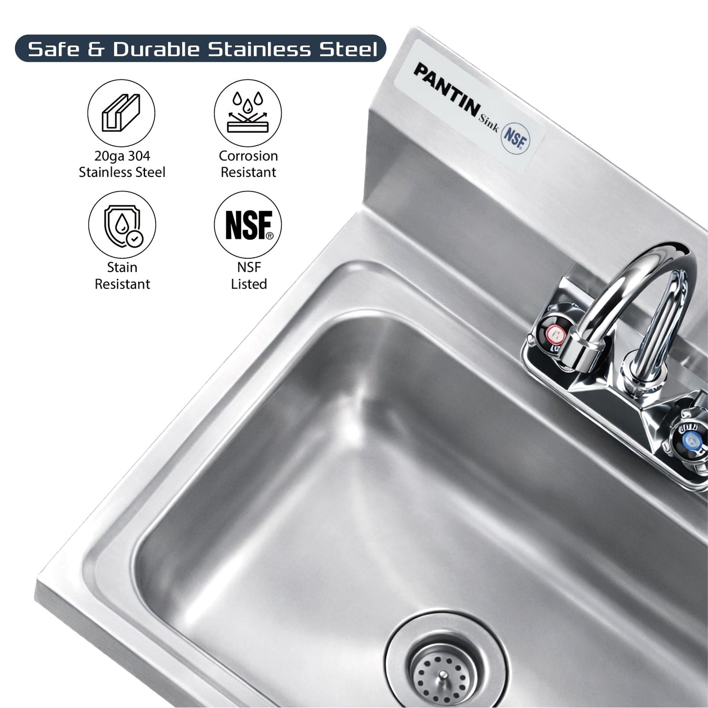 Pantin Commercial Hand Sink, NSF Commercial Stainless Steel Wall Mount Hand Washing Sink with Gooseneck Faucet for Restaurant, Kitchens, Bar, Home, 17"x 15", TP-8000A