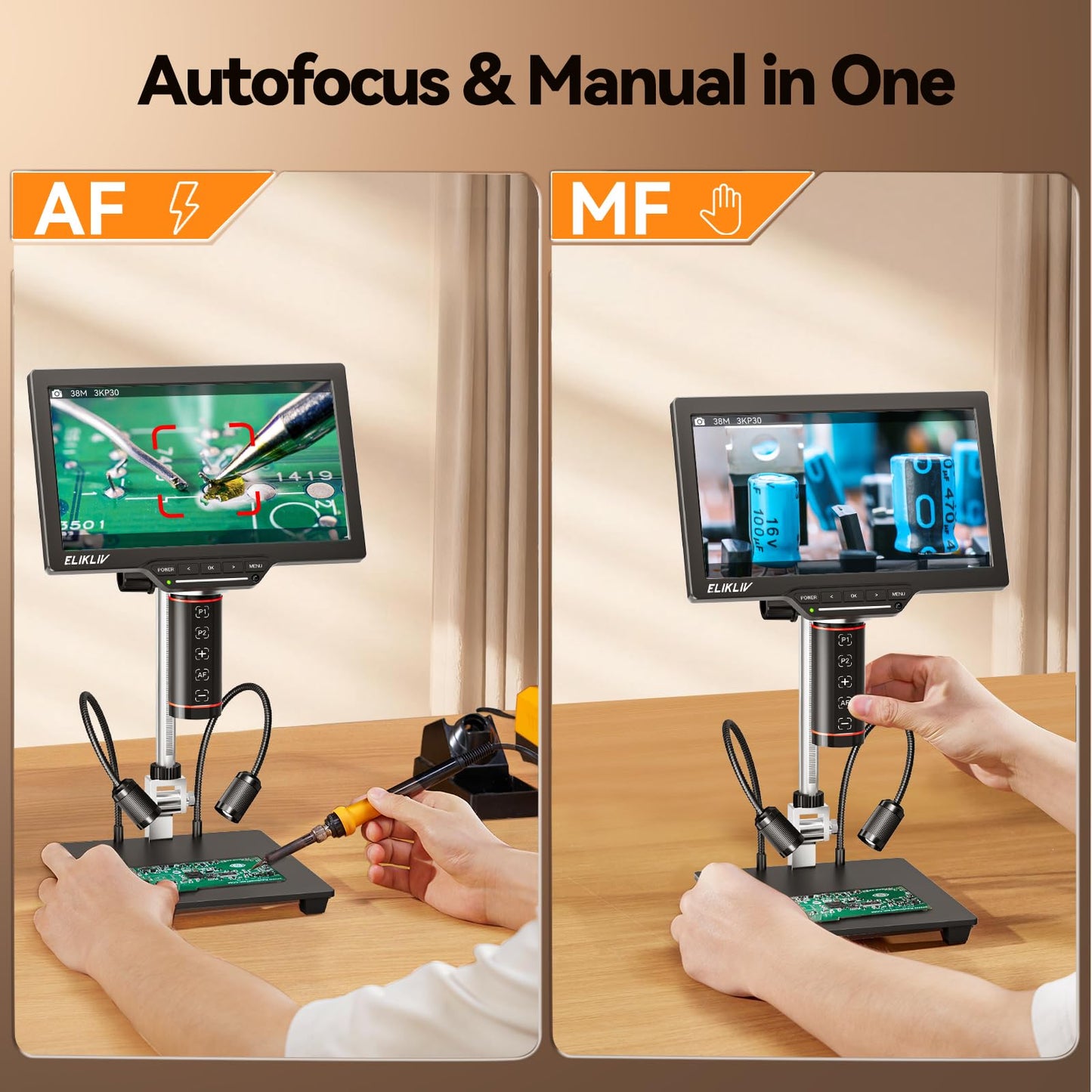 Elikliv Autofocus Digital Coin Microscope: HDMI Soldering Microscope for Adults EM3K-AF, 3K Coin Magnifier for Full View, 7" IPS Microscope with Screen, HDMI/USB Output, 10" Stand, Dual Light, 16GB