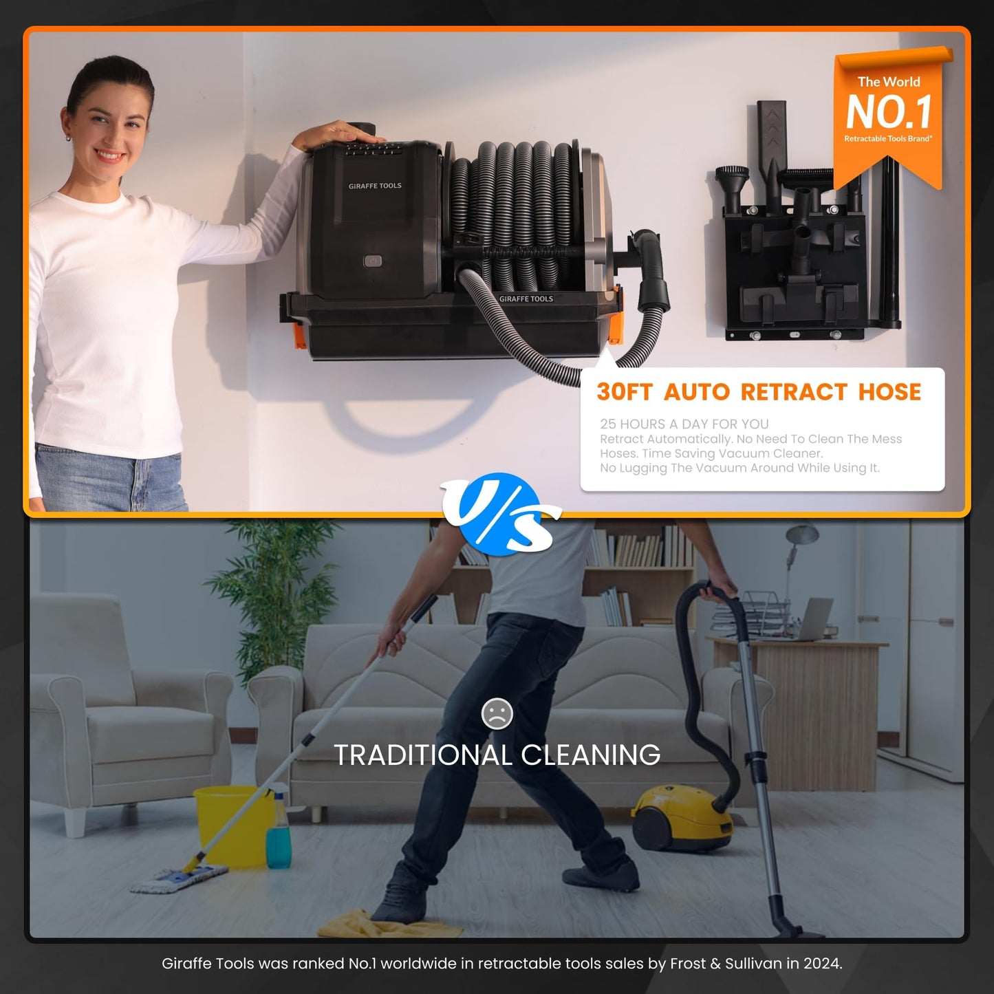 Giraffe Tools Grandstorm Retractable Vacuum Cleaner, Wall Mounted with 30FT Hose, Wet Dry Vacuum Cleaner with 6 Nozzles for Car Detailing Normal Version, Grey (No Remote Control Function)