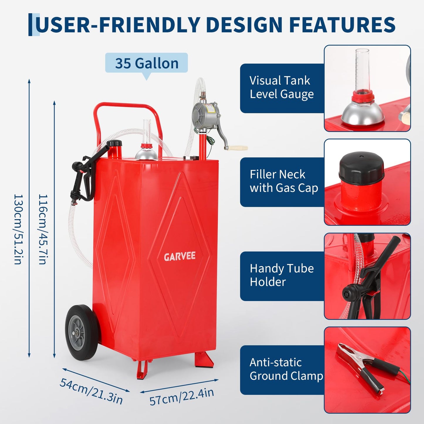 35 Gallon Fuel Gas Caddy Storage Tank, Portable Gas Caddy with Wheels, Manual Hand Crank Transfer Pump, Fuel Hose, Wide Fill Neck, Level Gauge, Mobile Gasoline Diesel Fuel Transfer Tank for ATV, Lawn Mower, Tractor, Car, Boat, Equipment