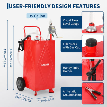 35 Gallon Fuel Gas Caddy Storage Tank, Portable Gas Caddy with Wheels, Manual Hand Crank Transfer Pump, Fuel Hose, Wide Fill Neck, Level Gauge, Mobile Gasoline Diesel Fuel Transfer Tank for ATV, Lawn Mower, Tractor, Car, Boat, Equipment