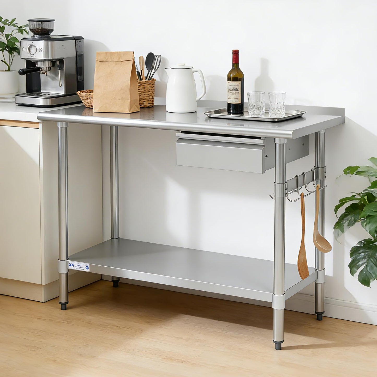 Hally Stainless Steel Prep Table 24 x 48 Inch with Backsplash, NSF Certified Commercial Work Table with Drawer, Removable Stainless Steel Pan, Undershelf and Side Hook for Restaurant, Home, Garage