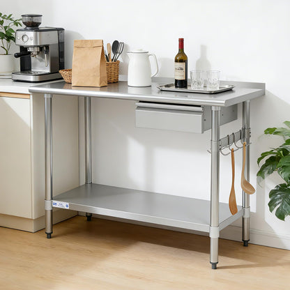 Hally Stainless Steel Prep Table 24 x 48 Inch with Backsplash, NSF Certified Commercial Work Table with Drawer, Removable Stainless Steel Pan, Undershelf and Side Hook for Restaurant, Home, Garage