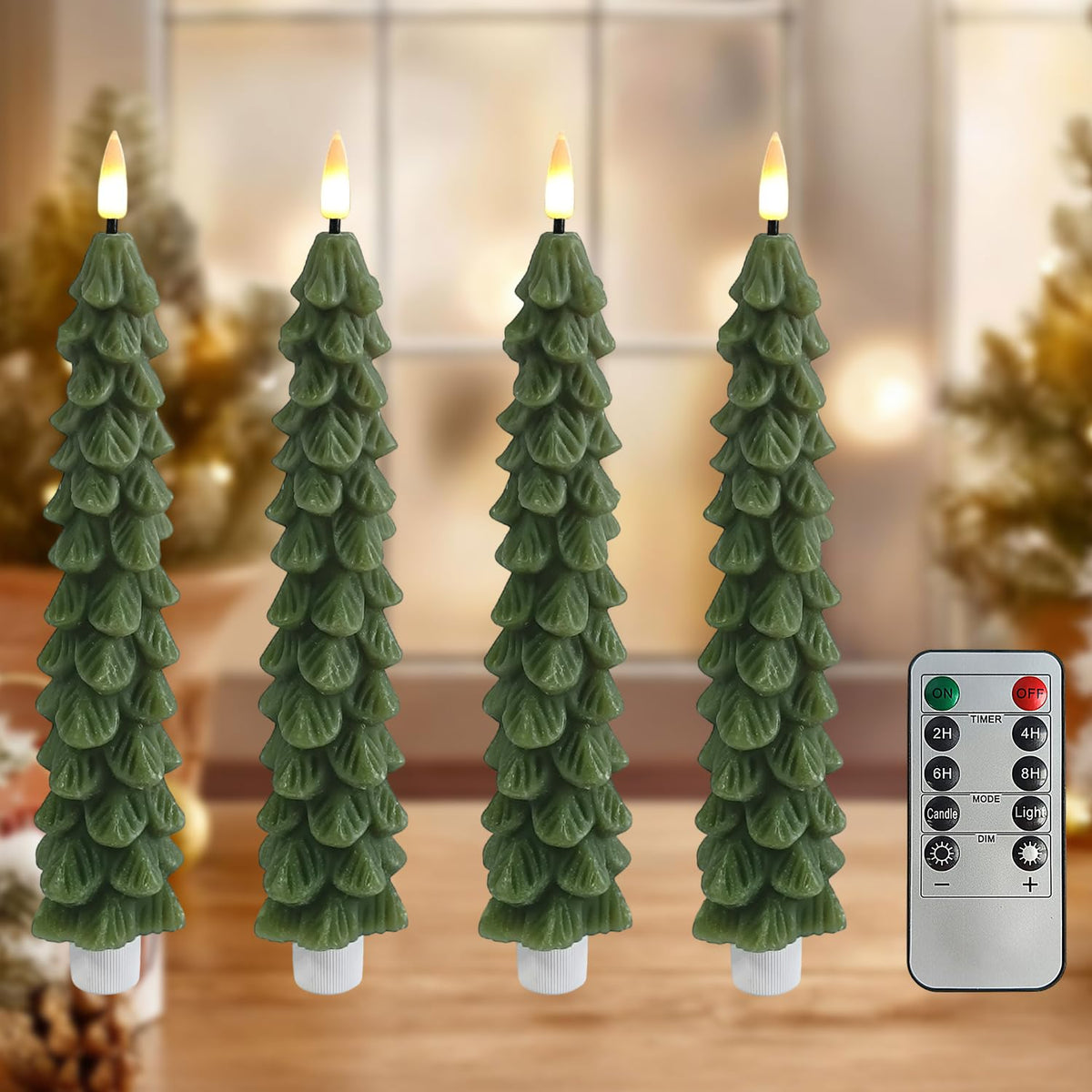 FCMSHAMD Green Christmas Trees Flickering Flameless Candles with Remote and Timer, Real Wax 3D Flame Wick LED Candles, 9.8 Inch Battery Operated Candles for Christmas Home Decoration，4PCS