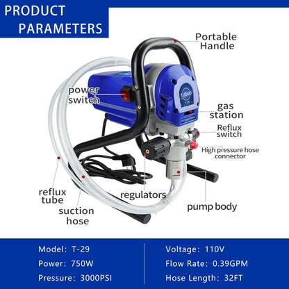 TUDUD Stand Airless Paint Sprayer, High Efficiency Airless Spraying Machine with Low Overspray, 3000PSI 750W Spray Painter for DIY House, Wall and Fences Painting, blue