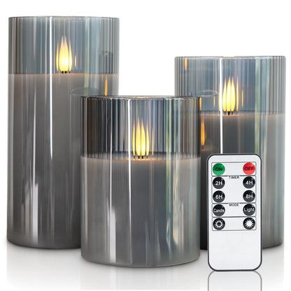 Amagic Grey Flameless Candles with Remote, Battery Operated Candles with Timer, Ribbed Glass LED Pillar Candles with Flickering Flame for Spooky Halloween Party Decor, Real Wax, Set of 3