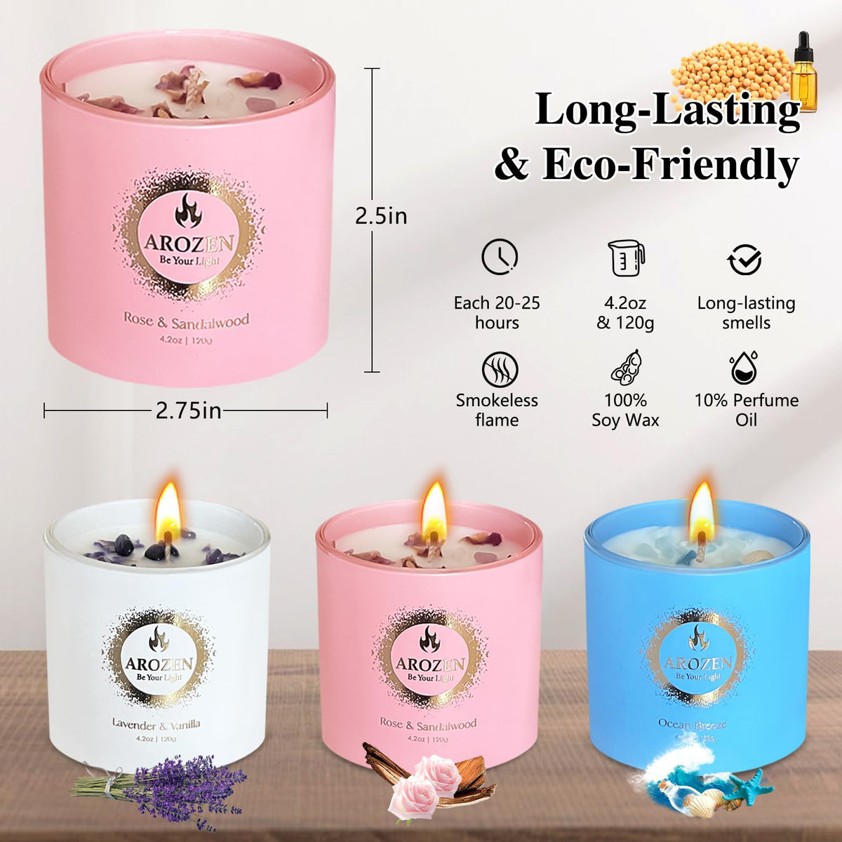 AROZEN 3 Pack Scented Candles Gift Set for Women – Lavender, Ocean, Rose Soy Candles with Crystals & Seashells, 70-Hour Total Burn Time, Aromatherapy Candle Set for Home Decor, Mother’s Day Birthday