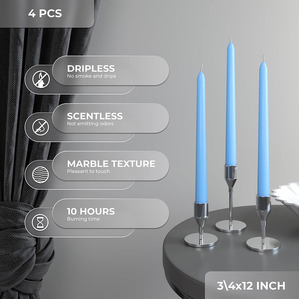 CANDWAX Light Blue 12 inch Taper Candles Set of 4 - Unscented Smokeless Dripless Tapers for Dinner Table, Home Decor, Easter Decor, Party, Wedding and Ordinary Dinners - Spring Candles