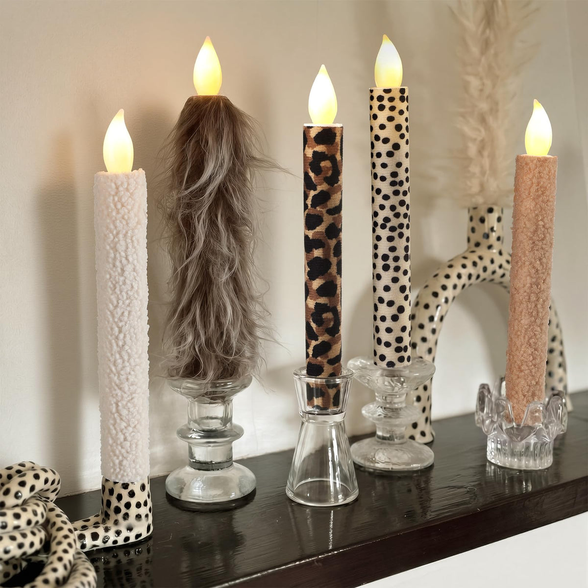 Fumete 5 Pcs Leopard Plush Candle 10.6 Inch Lambswool Flameless LED Taper Candlesticks Leopard Print Theme Decor Print Flameless Battery Operated for Dinner Table Home Bathroom Birthday Party Decor