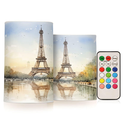 BOENLE Flickering Flameless Candles, Eiffel Tower Lake LED Candles with Remote Timer, Set of 2 Battery Operated Candle for Valentine Wedding Birthday