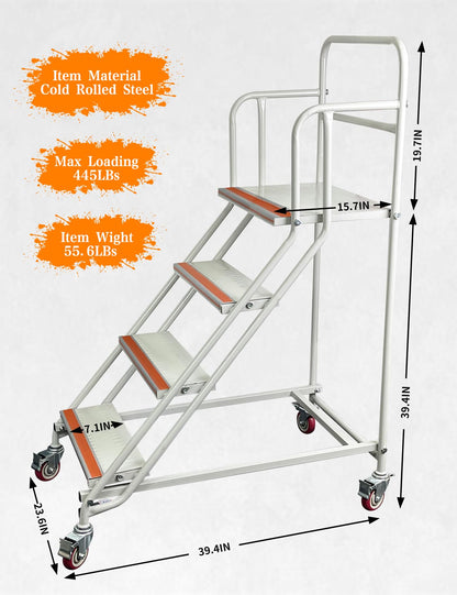 4 Steps Ladder with Wheels, Industrial & Warehouse Step Ladder, Rolling Steps Ladder with Vinyl Stair Edge Protector, 23.6IN Wide, 39.4IN top Step Height, 445LBs Capacity.