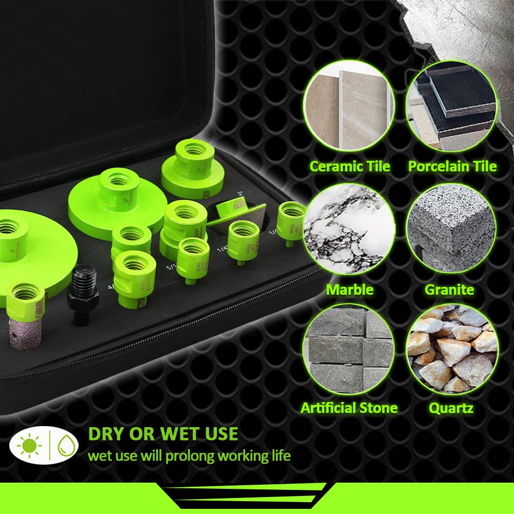 FACHLICH Tile Hole Saw Kit - 12pcs Diamond Core Drill Bits Set 1/4" 5/16" 4/5" 1" 1-3/8" 2" 3" 4" with 4/5" Finger Bit 2" Beveling Chamfer Bit for Porcelain Ceramic Granite Marble