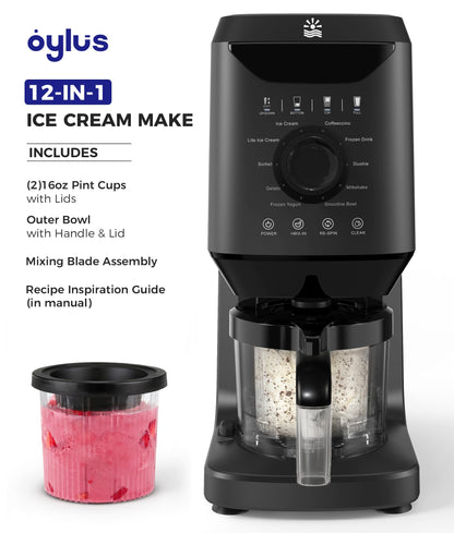 Oylus 12-in-1 Ice-Cream Maker Machine - 11 Preset Programs & Self-Cleaning, Healthy Frozen Yogurt Maker for Gelato, Slushies, Sorbet, Mix-ins & More, Includes (2) Pint Containers for Home & Party