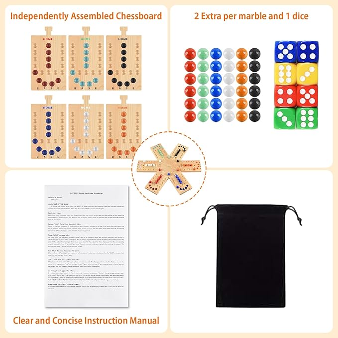 Deeper Holes &amp Larger Marbles Original Wooden Marble Board Game Portable for 2-6 Players Wahoo Game with 36 Marbles &amp 12 Dice for Family Friends Party Travel and Camping
