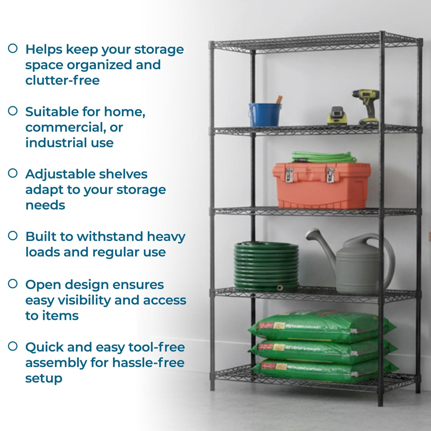Honey-Can-Do 5-Tier Heavy Duty Adjustable Shelving Unit, 800-lb Per Shelf Metal Storage Rack, Industrial Strength Wire Shelf for Garage Workshop Warehouse, Black, 42 x 18 x 72 in