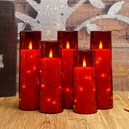Eebuss Flameless Candles with Embedded Star String, Battery Operated LED Pillar Candles with Timer and Remote Control,Home Decorating for Ambiance， Set of 7 (Red)