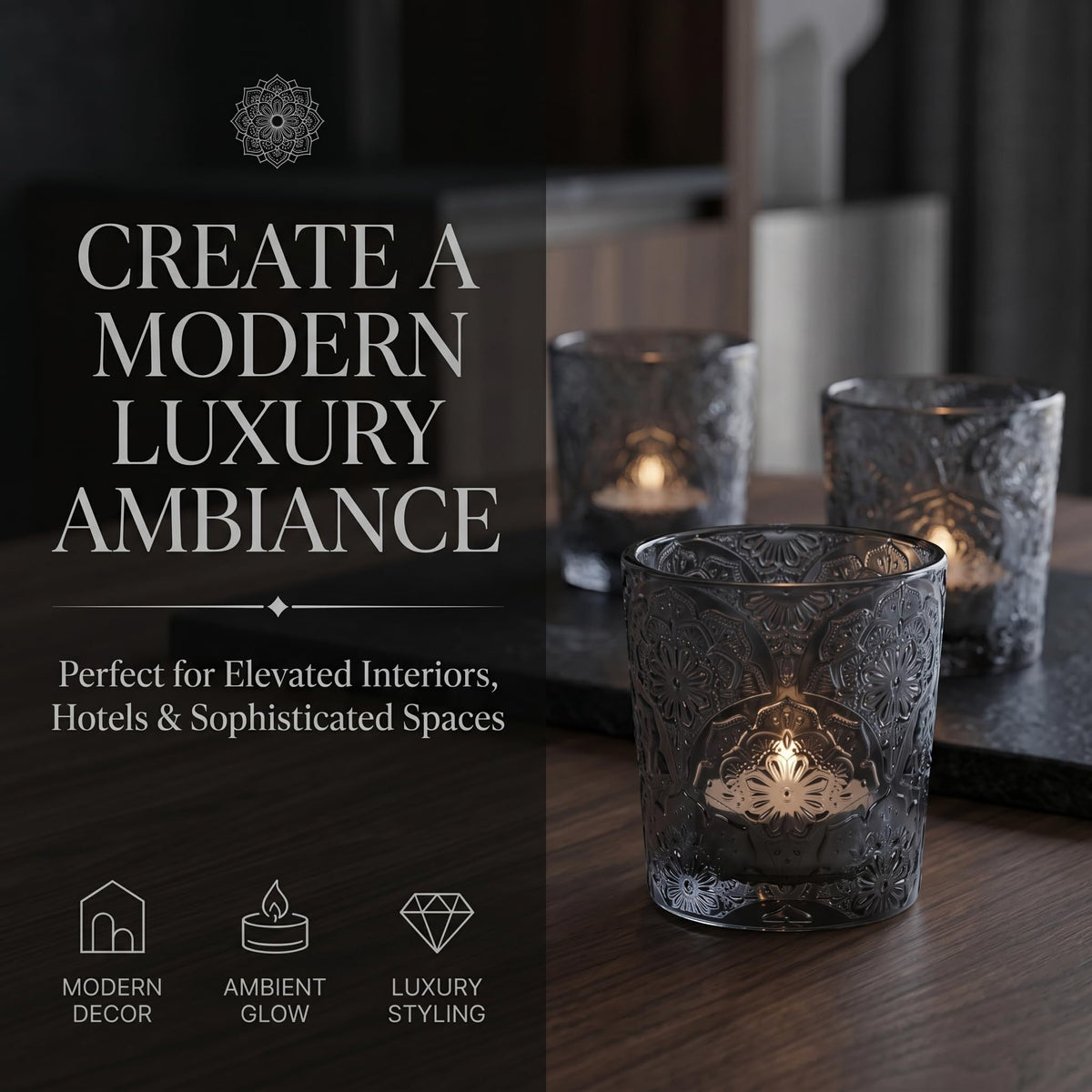 12 Pack Mandala Embossed Glass Candle Holders – Votive Tealight Holders with Patent Design, Decorative Embossed Glass Cups for Wedding Centerpieces, Parties, and Home Décor (Smoky Quartz)