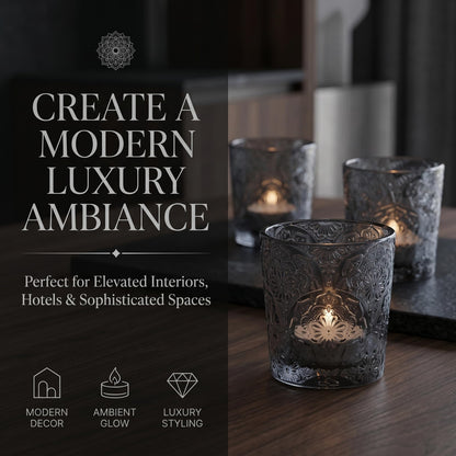 6 Pack Mandala Embossed Glass Candle Holders – Votive Tealight Holders with Patent Design, Decorative Embossed Glass Cups for Wedding Centerpieces, Parties, and Home Décor (Smoky Quartz)