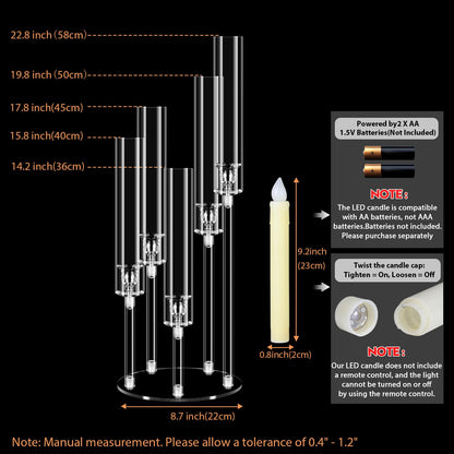 Cheloment 4 Sets 5 Arms Acrylic Candelabra Centerpieces for Tables, 22.8" Clear Candle Holder for Wedding Dinner Party and Home Decor,Candlesticks Holder with LED Candles