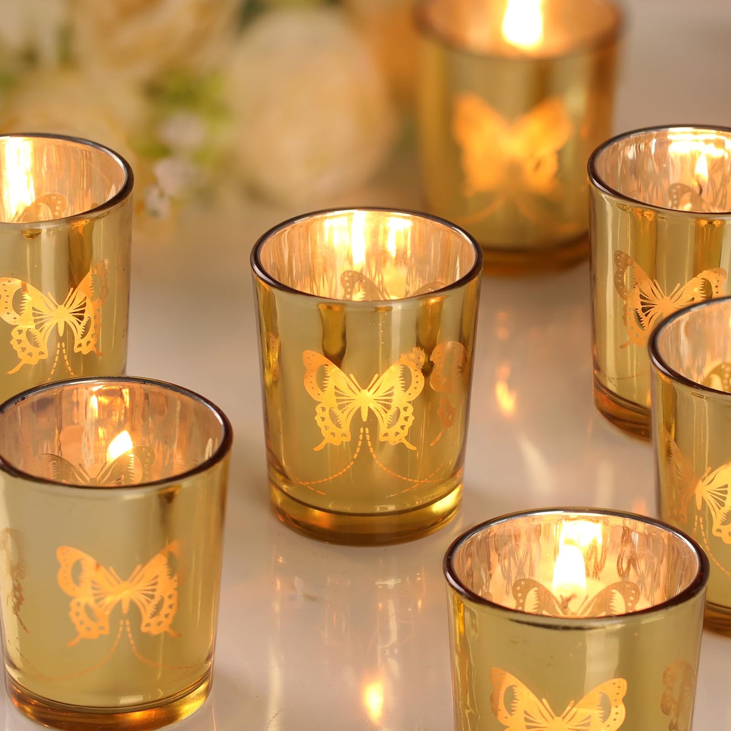 Gold Votive Candle Holders Set, 12 PCS Tea Lights Holder Decorative Bulk with Butterfly Pattern, Candle Holders for Wedding Table, Birthday, Home Decor, Party Supply