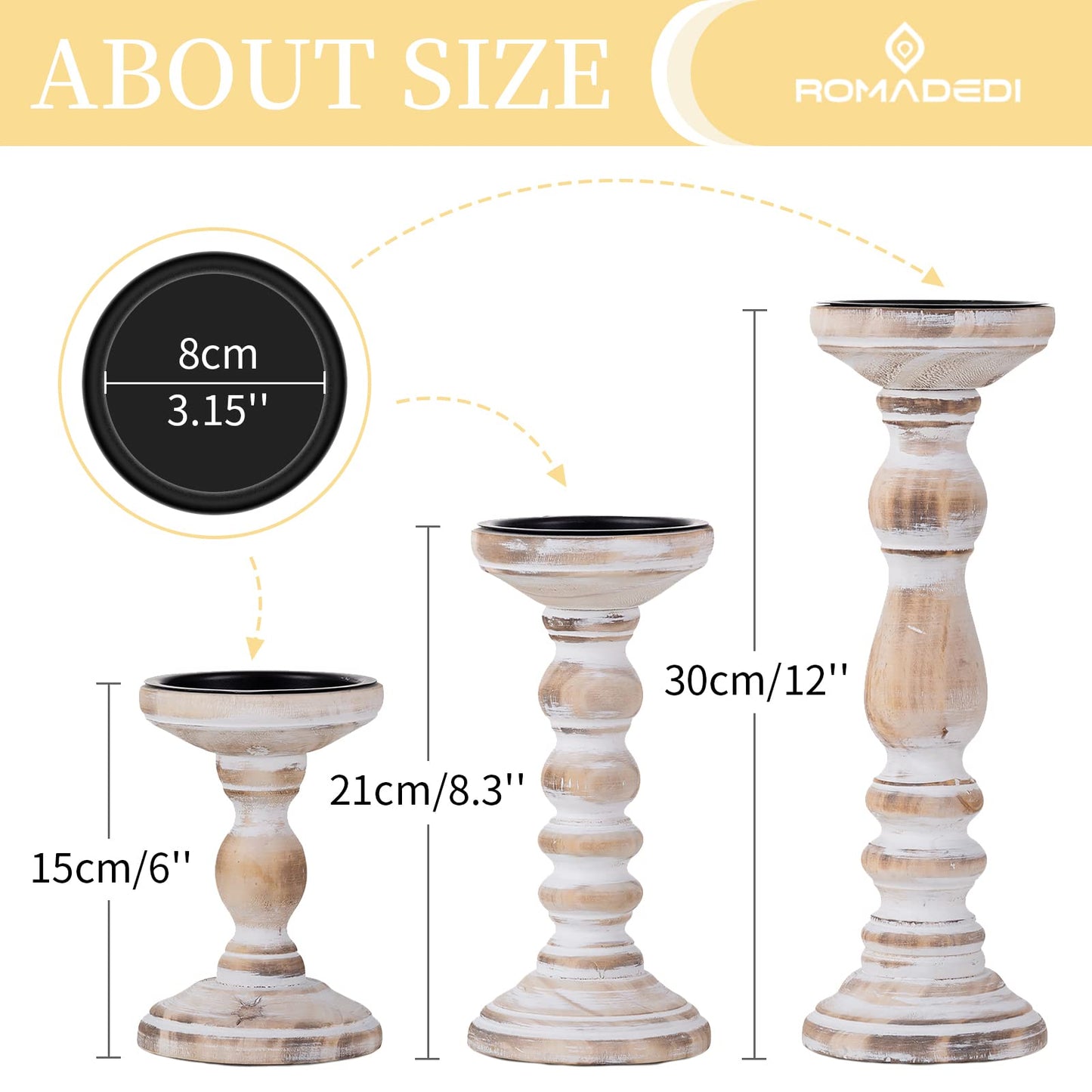 Candle Holder for Pillar Candles: Romadedi Set of 3 Decorative Wood Candlestick Holders, Rustic Wooden Candle Stand for Fireplace Mantle End Table Shelf in Farmhouse Style, Whitewashed 6”, 8.3”, 12”