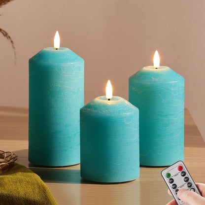 Eywamage Turquoise Blue Flameless Pillar Candles with Remote, Flickering LED Candles Battery Powered Real Wax Set of 3