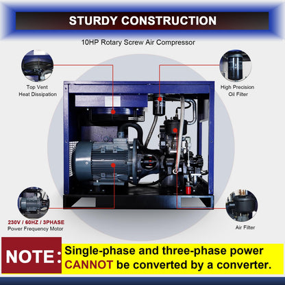 10HP Rotary Screw Air Compressor, 34CFM, 125PSI, 230V 3PHASE 60HZ, Fixed Speed Compressor, Industrial-Grade, Heavy Duty Air Compressed System