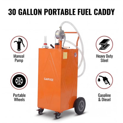 Patikuin 30 Gallon Heavy-Duty Steel Fuel Caddy with Manual Rotary Pump – Portable Gasoline & Fuel Transfer Tank – Reinforced 4-Wheel Design for Trucks, Boats, ATVs, Lawn Mowers, Farm Equipment – Reinforced 4-wheel design - Orange