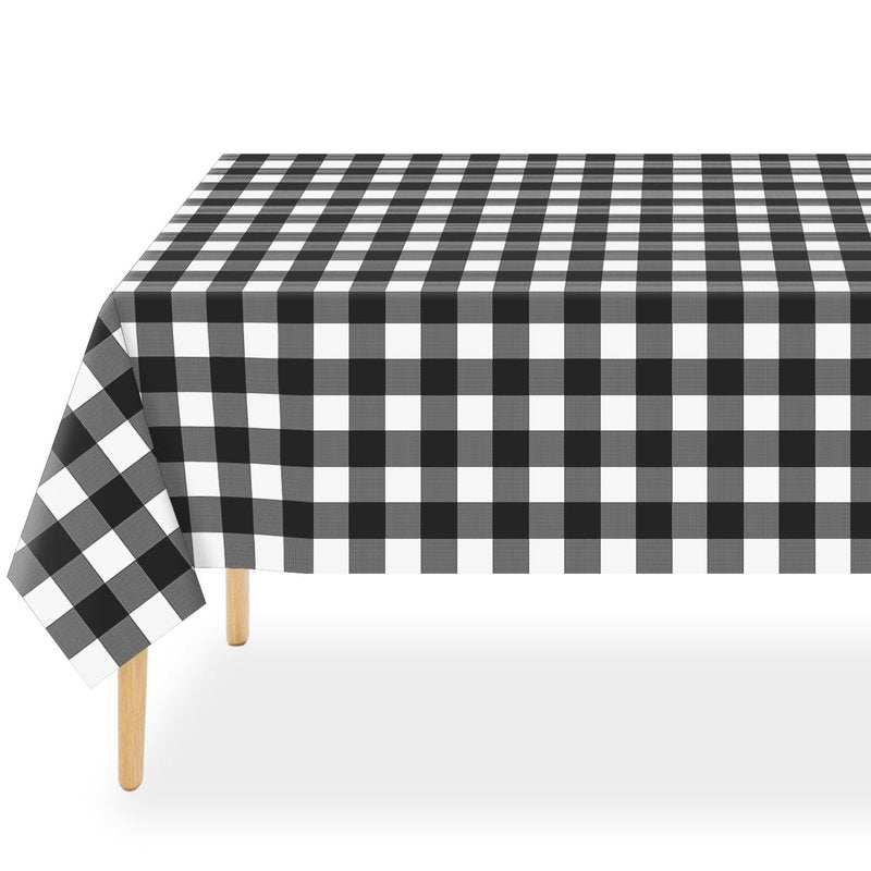 QIKSION Black Gingham Tablecloth Disposable 12 Pack, 54 x 108 Inch Black and White Checkered Table Cloth for Picnic, Outdoor BBQ Decorations, Birthday Party Supplies, Rectangle, Plastic Table Cover