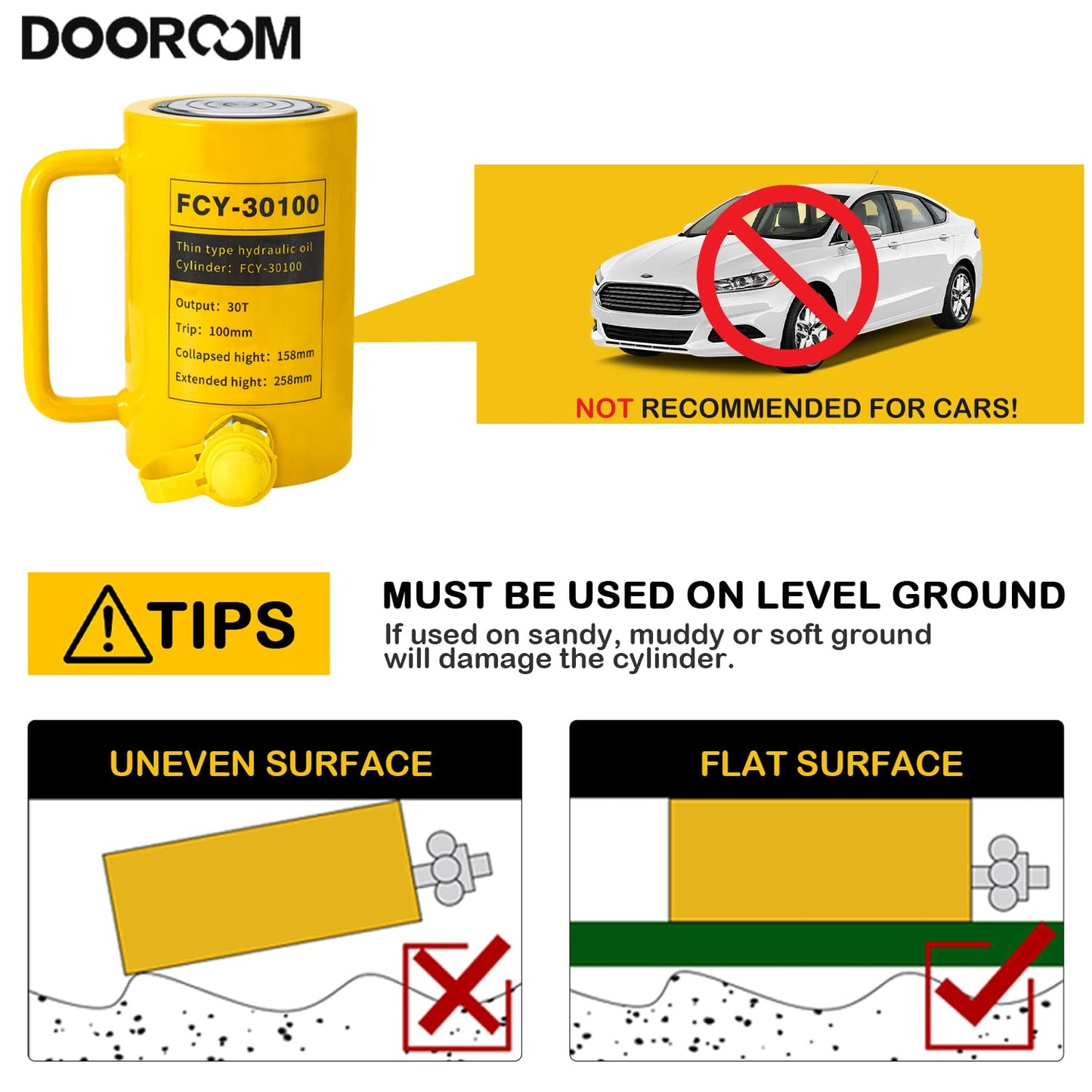 DOOROOM 30T 4Inch Stroke Porta Power Single Acting Lifting Cylinder for Shipbuilding, Machinery and Industry,Automatically Retract Split Hydraulic Cylinders Jacks, Yellow