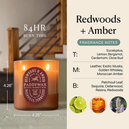 Paddywax Vista Scented Candle with Lid in Reusable Tonal Glass Jar, Clean-Burn 2-Wick Soy Candle with Approx. 84 Hour Burn Time, Decorative Gift Candles for Home, Redwoods & Amber, 12 oz
