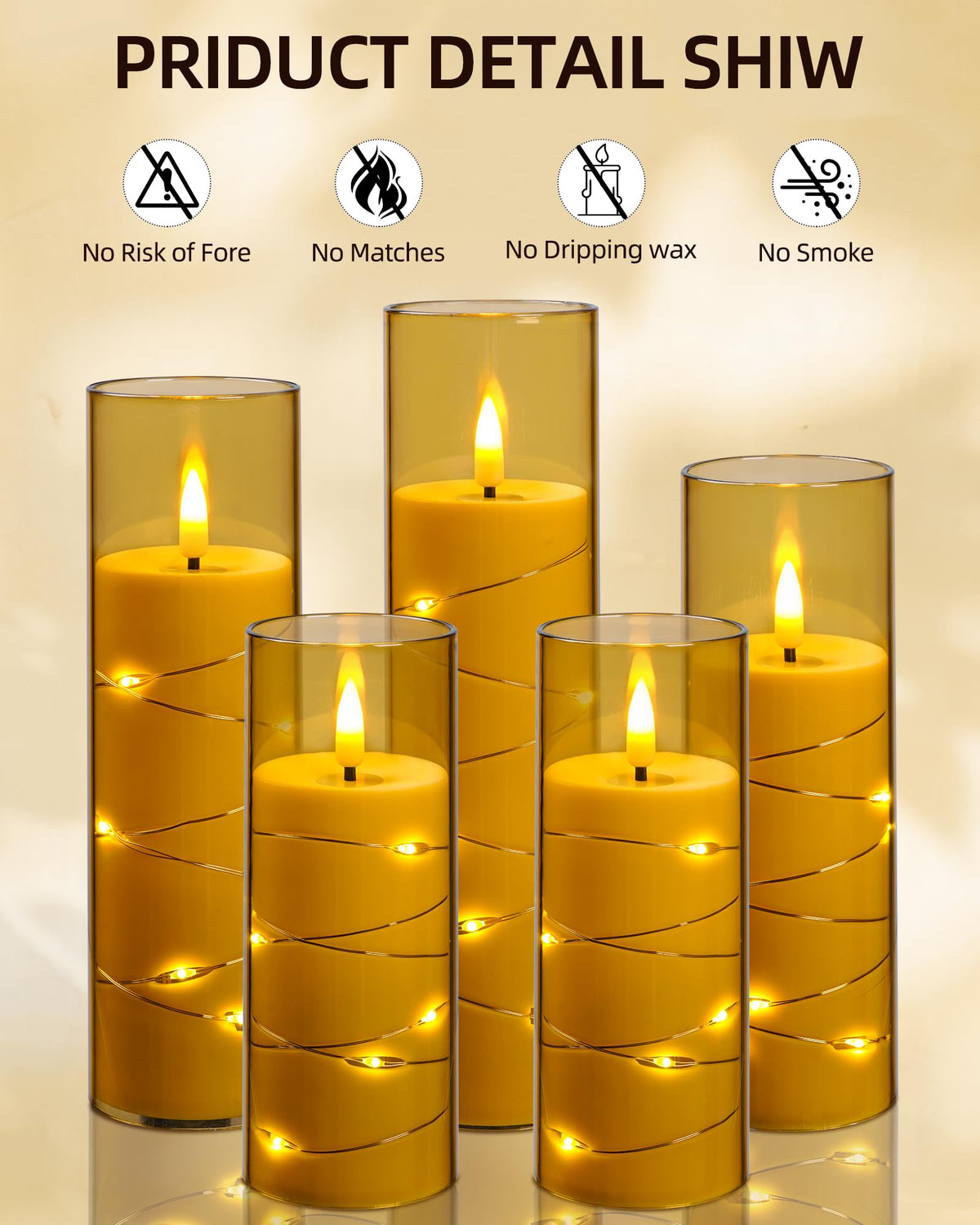 5 Pack Champagne Transparent Acrylic Flameless Taper Candles, Flickering Black Wick LED Candles with Surrounding Fairy String Lights, Heat Resistant ABS Candles with Remote for Indoor Outdoor Decor
