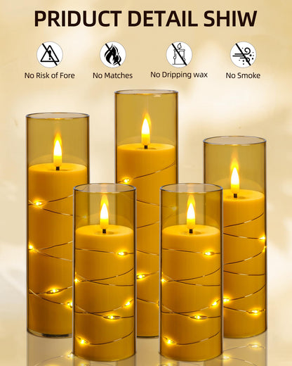 Da by Flameless Candle Light, Battery Candle with recessed String Lights, 5 flameless Candles with 11-Key Remote Control, 24-Hour Timer Function, Champagne Color (Pack of 2)
