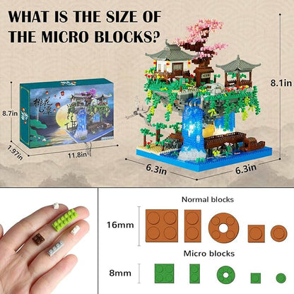 Cherry Blossom Bonsai Tree Micro Building Block Set Chinese Architecture Peach Blossom Pond Kits Japanese Sakura Tree Valentine's Day Gifts for Adults Age 14+ (2705Pieces)