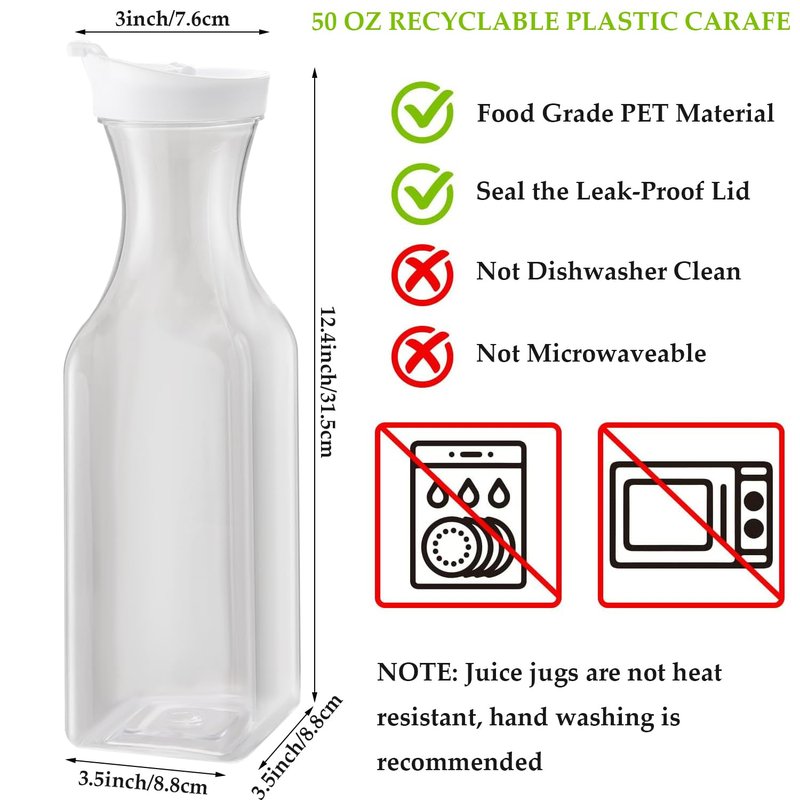 ASANMEYO 5-Pack 50 Oz Plastic Water Carafe Pitcher with Flip Top Lid, Square Base Juice Containers, Mimosa Bar Supplies Pitcher for Drinks, Water, Tea, Juice, Milk, Lemonade and Other Beverages
