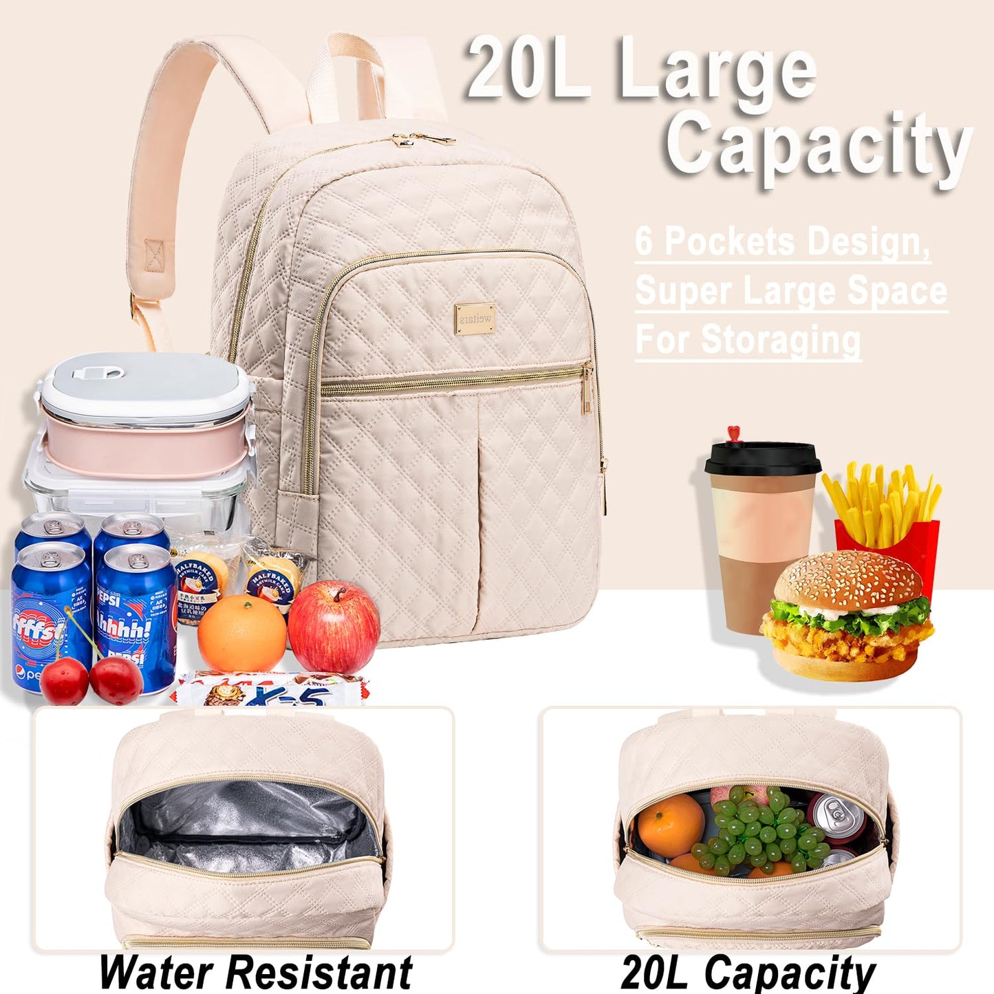 Weitars Lunch Backpack for Women,20L Backpacks Cooler Insulated,Back Pack Lunch Bag for Women Work with Side Pocket,Lunchbox Backpack for Picnic Camping