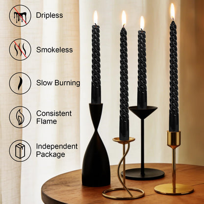 Tobeape Black Spiral Taper Candles 10 Inch - 4 Pack Gothic Twisted Tapered Candle Sticks - Dripless Unscented Smokeless - Long Burning Decorative Candlesticks for Dinner Party Halloween Home Decor